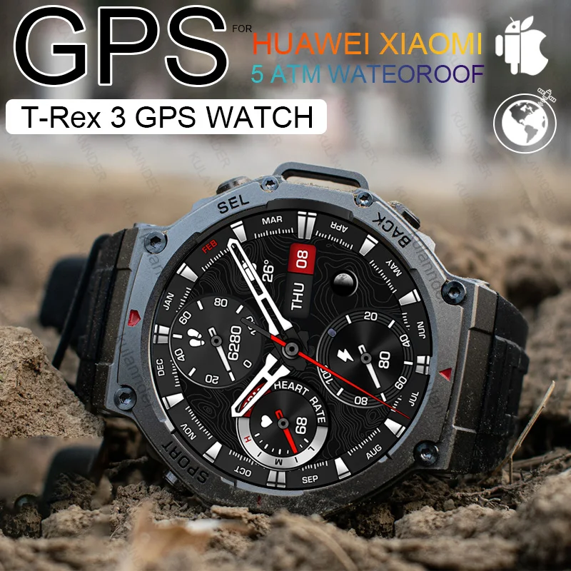 

New T-Rex 3 Dual-Band GPS Military smart watch 48mm 10ATM Water-Resistant 500mAh Battery Compass Altimeter Smartwatch For HUAWEI