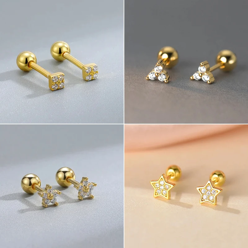 Korean New Simple Gold Color Zirconic Star Piercing Screw Ball Stud Earrings For Women Girl Geometric Square Charm Daily Jewelry