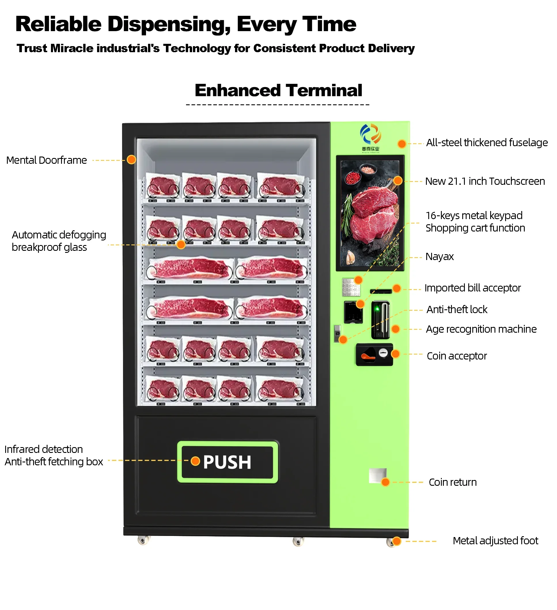 Fresh Frozen Meat Vending Machine Premium Beef Other Fresh Products Refrigeration Coin Payment System Touch Screen Metal