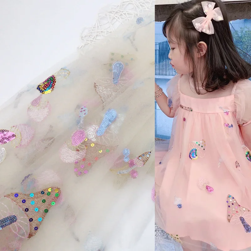 Multi-color Mesh Mushroom Glitter Embroidery children's Dress Soft Yarn Embroidered Cloth Fashion Stage Skirt DIY women's Fabric