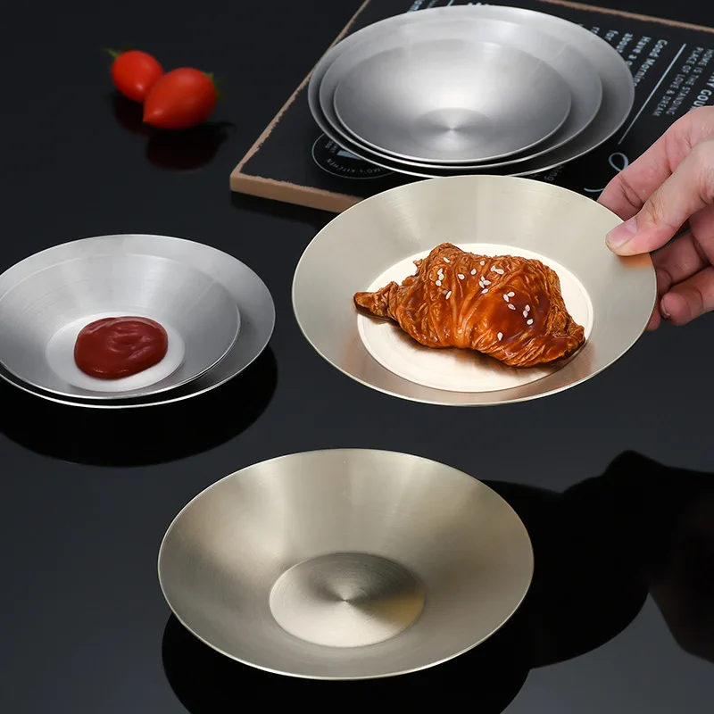 304 Thickened Korean Round Side Dish Stainless Steel Saucer Hot Pot Saucer Restaurant Round Dish Fruit Plate Tableware Supplies