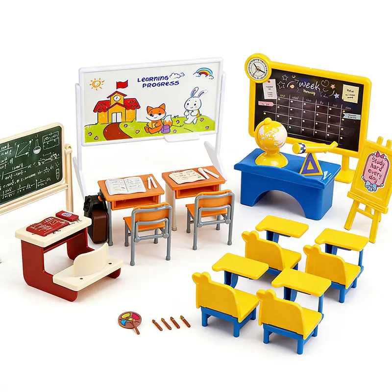 Miniature Class Furniture Set Dollhouse Desk and Chair Play Set Modern Dollhouse School Model for Collectors Decor Kid Toy Gift view 2