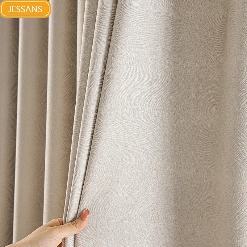 

Champagne Beige Line Jacquard Thickened Blackout Curtains for Living Room Bedroom French Window Balcony Window Customized