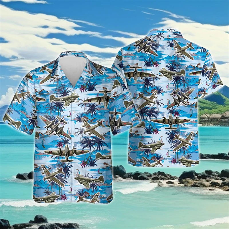 

Hawaiian Airplane Aviation 3D Printed Beach Shirts Casual Pilot Shirt For Men Clothes Fashion Aircarft Lapel Blouse Fighter Tops