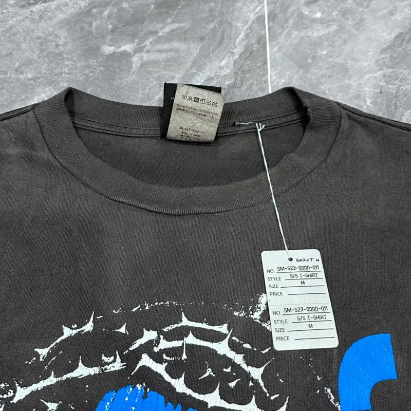 Vinatge Black SAINT Tshirts Blue Faced Jesus Graffiti Thorn Portrait Signature Letter Print Tops Summer Men Women Short Sleeve