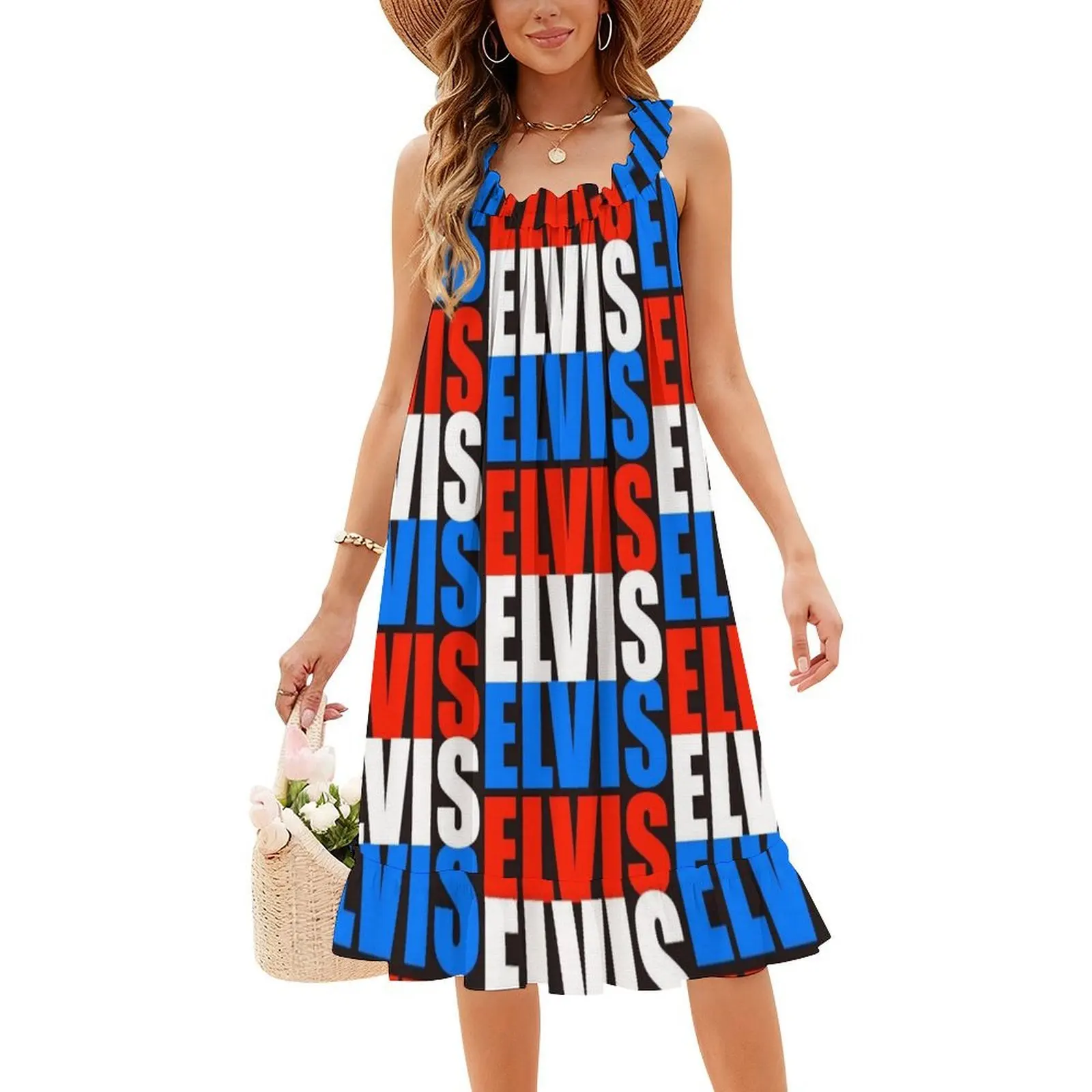 Elvis Elvis Elvis vestido informal de estilo coreano para mujer, vestidos sencillos de oficina para uso diario, leyenda musical, estrellas, rayas, rojo y blanco