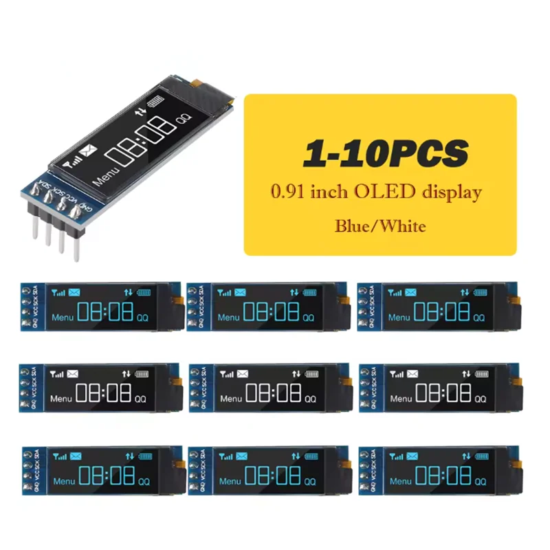 6er Set 0,91″ I2C OLED Display 128x32 Pixel, Blau – Für Arduino, ESP8266, ESP32, 3,3V/5V, Mit 4-poligem Header