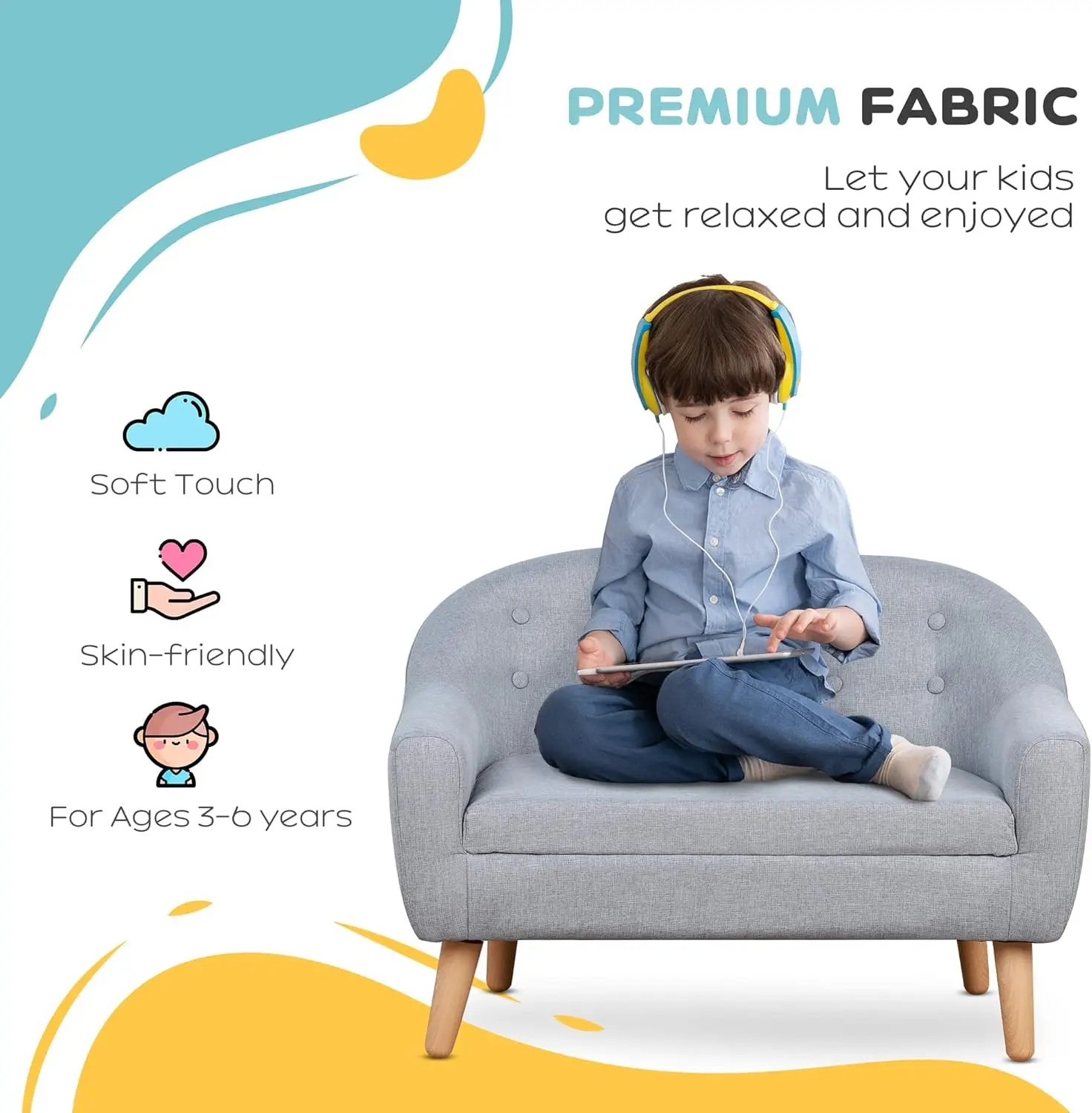 أريكة للأطفال بمقعدين، أريكة أريكة للأطفال الصغار، قماش يشبه الكتان وكرسي أريكة بإطار خشبي للأعمار من 3 إلى 7 سنوات، مقعد مرتفع 11 بوصة، رمادي #5