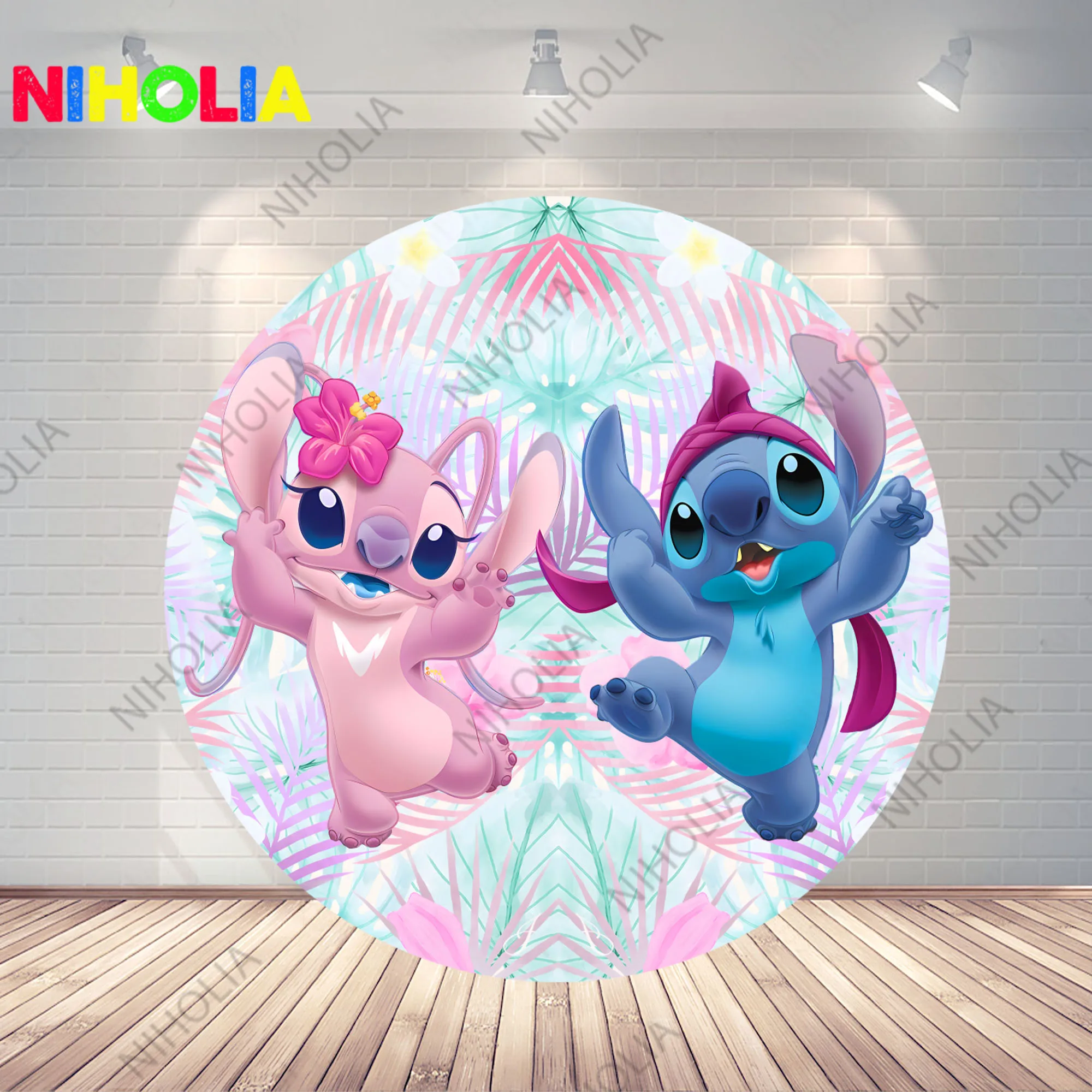 Stitch Angel Round Photo Backdrop Kids Birthday Party Baby Shower Decoration Background Cylinder Cover For Cake Table