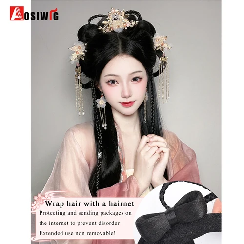 Imagen 2 del producto Tocado Hanfu sintético, diadema perezosa, peluca trenzada, paquete de estilo antiguo integrado, peinado esponjoso, uso diario