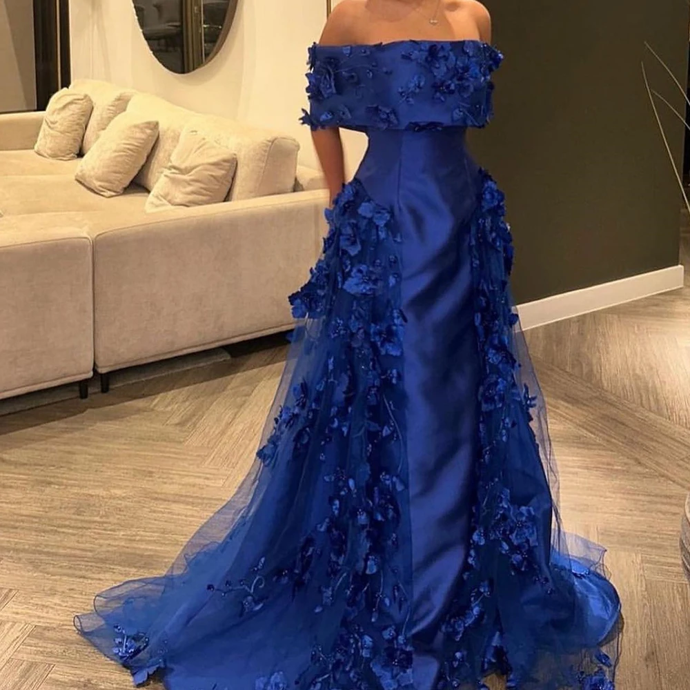 Flowers Chapel Train A-Line Floor Length Exquisite Evening Dresses Custom Size Strapless Off the Shoulder Satin Short Sleeves