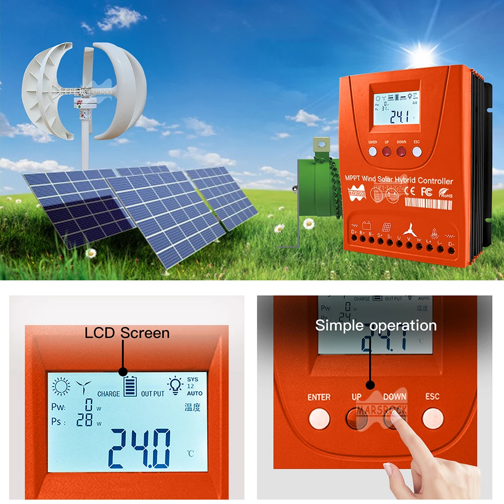 MPPT 3KW وحدة تحكم الرياح الشمسية الهجينة 12V24V48V مع بلوتوث، شاشة LCD، جميع البطارية تستخدم للألواح الشمسية أو مولد الرياح