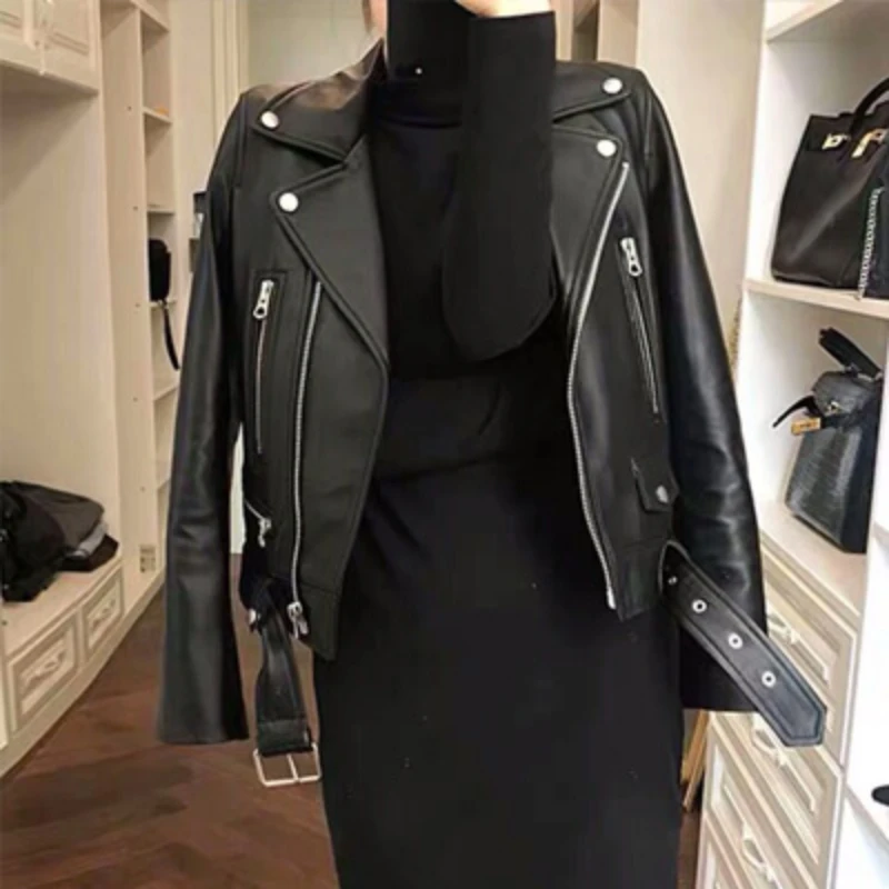 AYUNSUE Sheepskin Genuine Leather Jacket Women Clothes Black Motorcycle Short Coats Woman Spring Outwear Jaqueta Couro Feminina