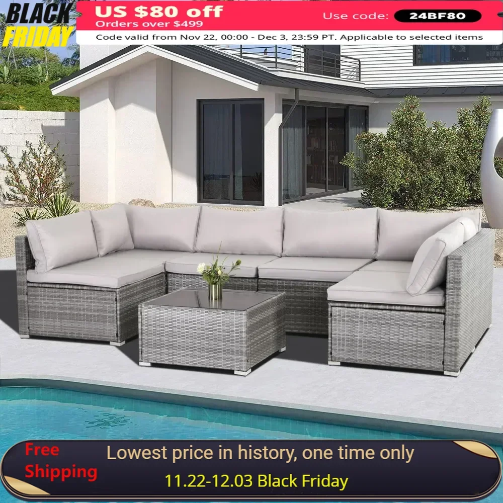 

7 Pieces Patio Furniture Set, Rattan Sectional Sofa Set, Washable Cushions & Glass Table, Garden Furniture Set