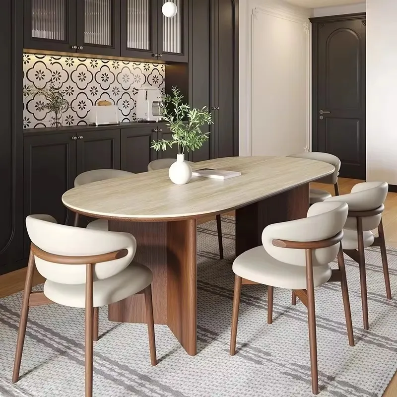 Mid‑Century Luxury Modern Oval Marble Solid Wood Dining Table Set 4‑6 Seater Travertine Design Kitchen Home Furniture