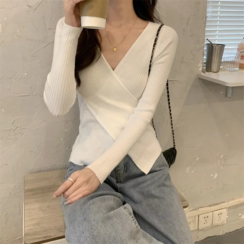 Herfst Winter Knitwear Tops Mode Vrouwelijke Lange Mouw Skinny Elastische Casual V-hals Gebreide Shirts Dames Trui Truien