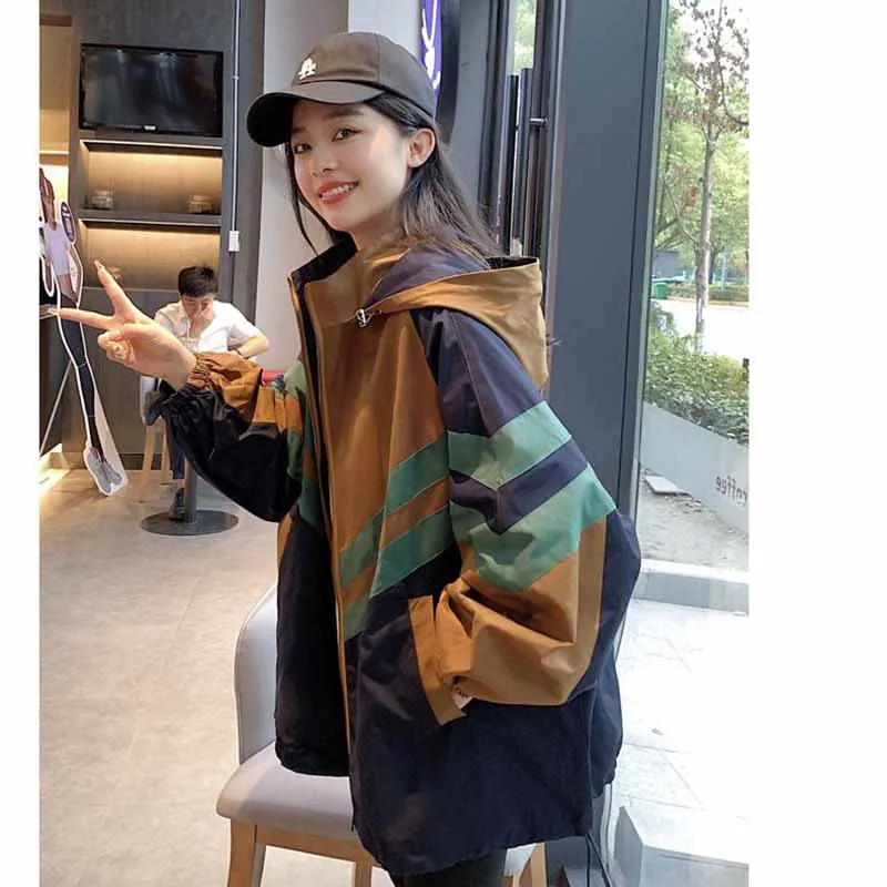 

Spring Autumn Annals Female New Leisure Striped Niche Baseball Suit Trench Tops Jacket Women Loose Fitting Hooded Trench Jacket