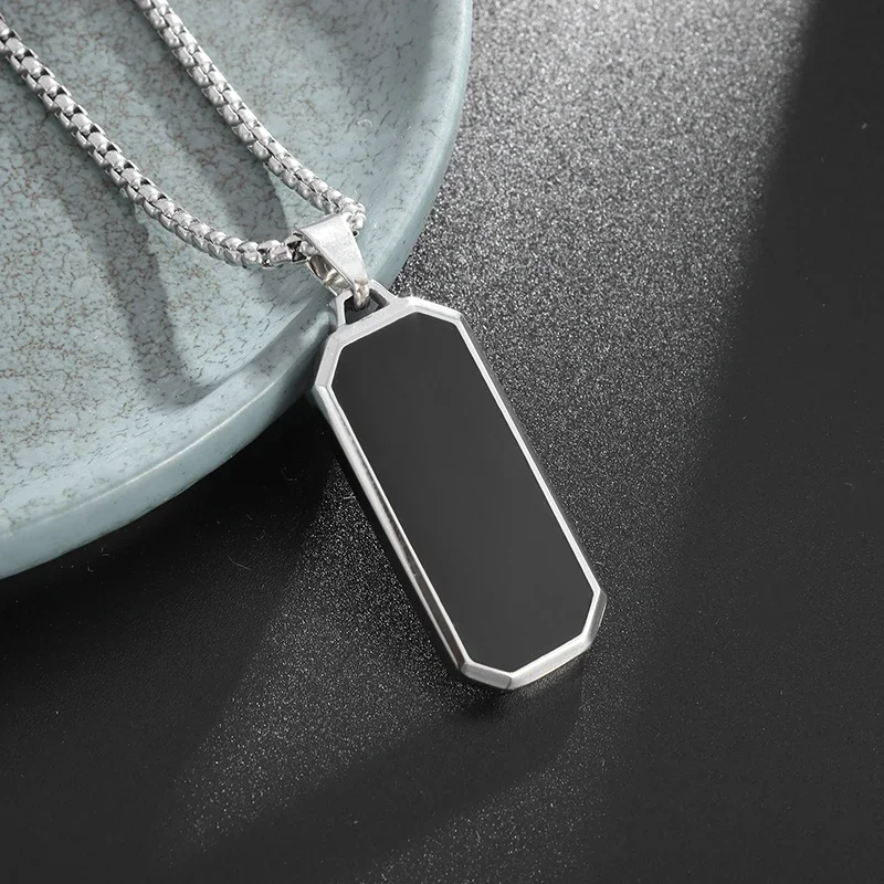 High Quality Stainless Steel Classic Black Rectangular Pendant Necklace for Men and Women Fashion Casual Party Jewelry