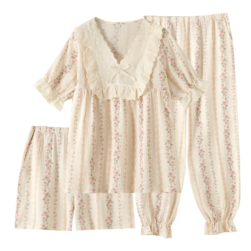 Three Piece Sleepwear Set Cotton Pajamas For Spring And Summer Women's Thin Style Loose French Style Home Clothing Set