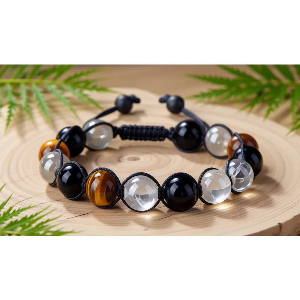 

Браслет тройной защиты ручной работы из 10-миллиметровых кристаллических бусин: тигровый глаз, черный обсидиан, гематит для баланса