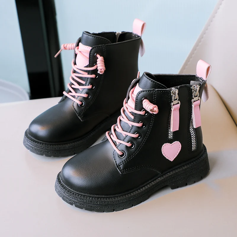 Girls Ankle Boots Double Zip Non-slip Kids Fashion Boots Pink Heart Children Princess Catwalk Boots Anti-Slippery Size 26-37