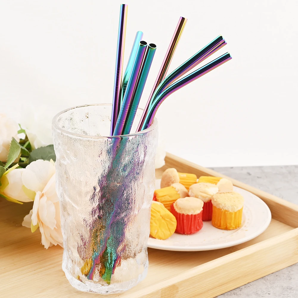 طقم ماصات معدنية من الفولاذ المقاوم للصدأ قابلة لإعادة الاستخدام ، ماصة مستقيمة عازمة مع فرشاة تنظيف ، ملحق وحانة للحفلات ، 4: 8: الصالح للشرب