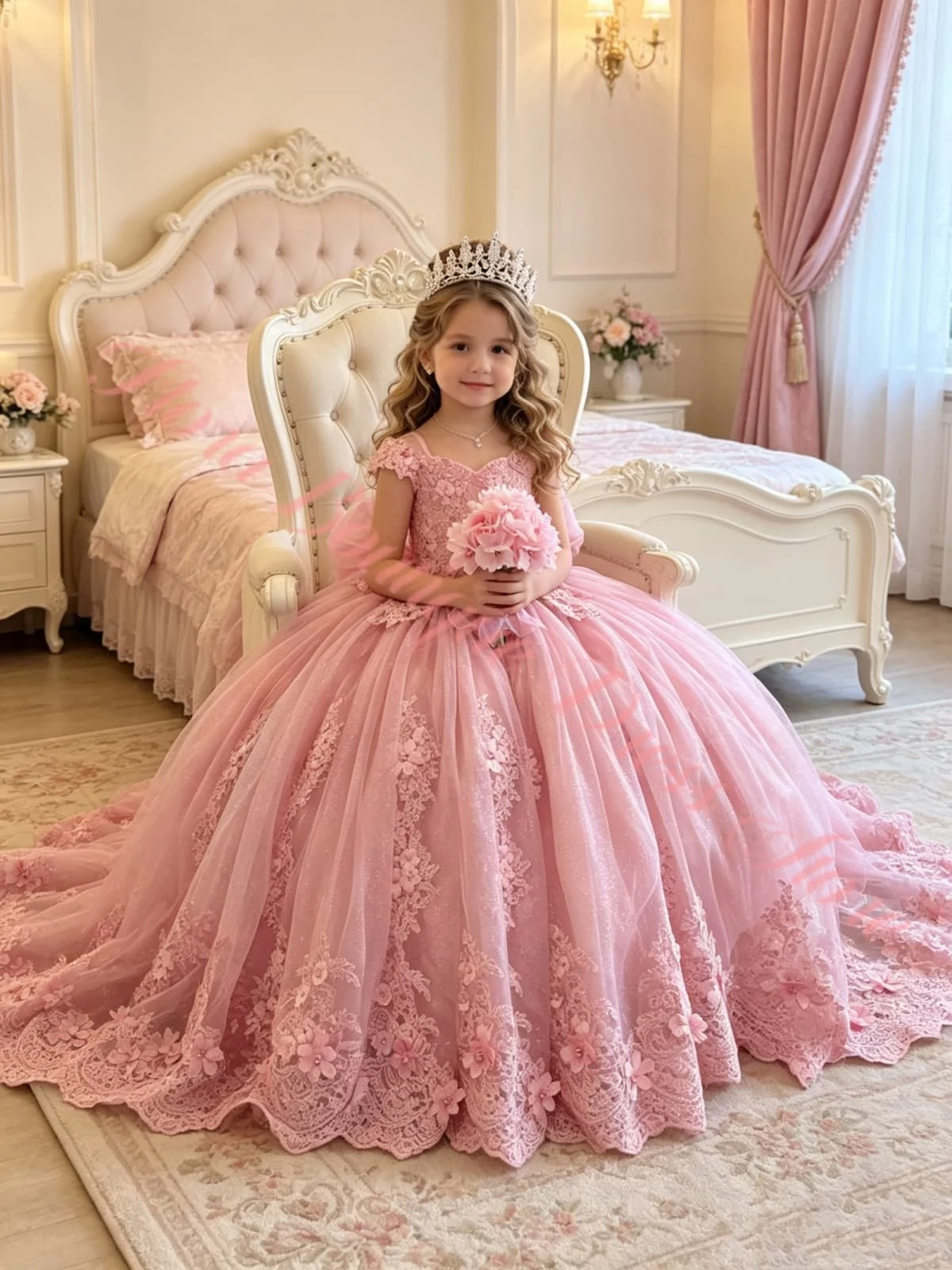 Luxury Mini Quinceanera Flower Girl Dress for Wedding Tulle Applique with Bow Birthday Party First Communion Gown Customized
