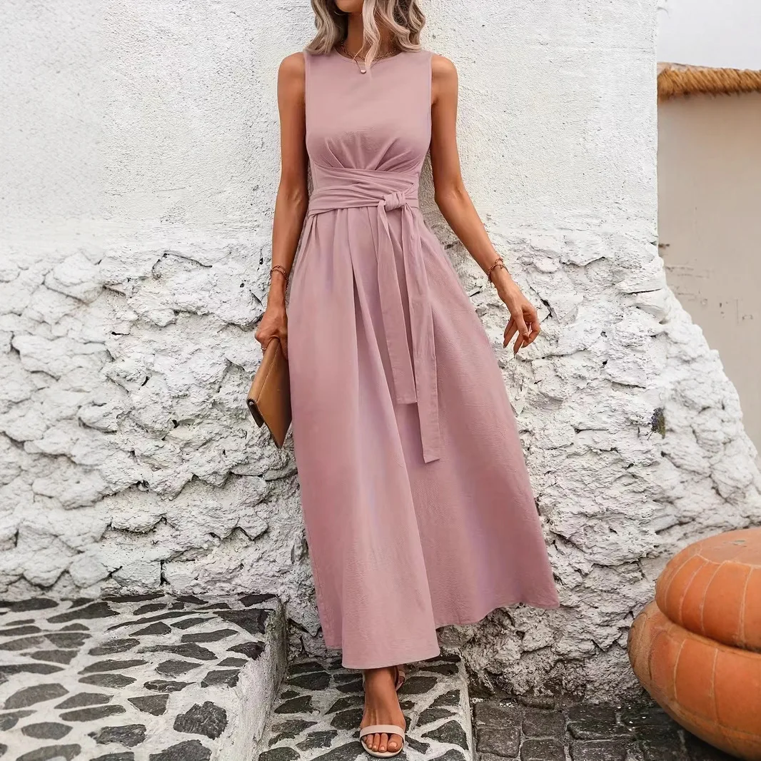 

Long Dresses For Women New Elegant Commuter Solid Color Sleeveless A-Line Midi Dress Summer Beach Vacation Robes Female