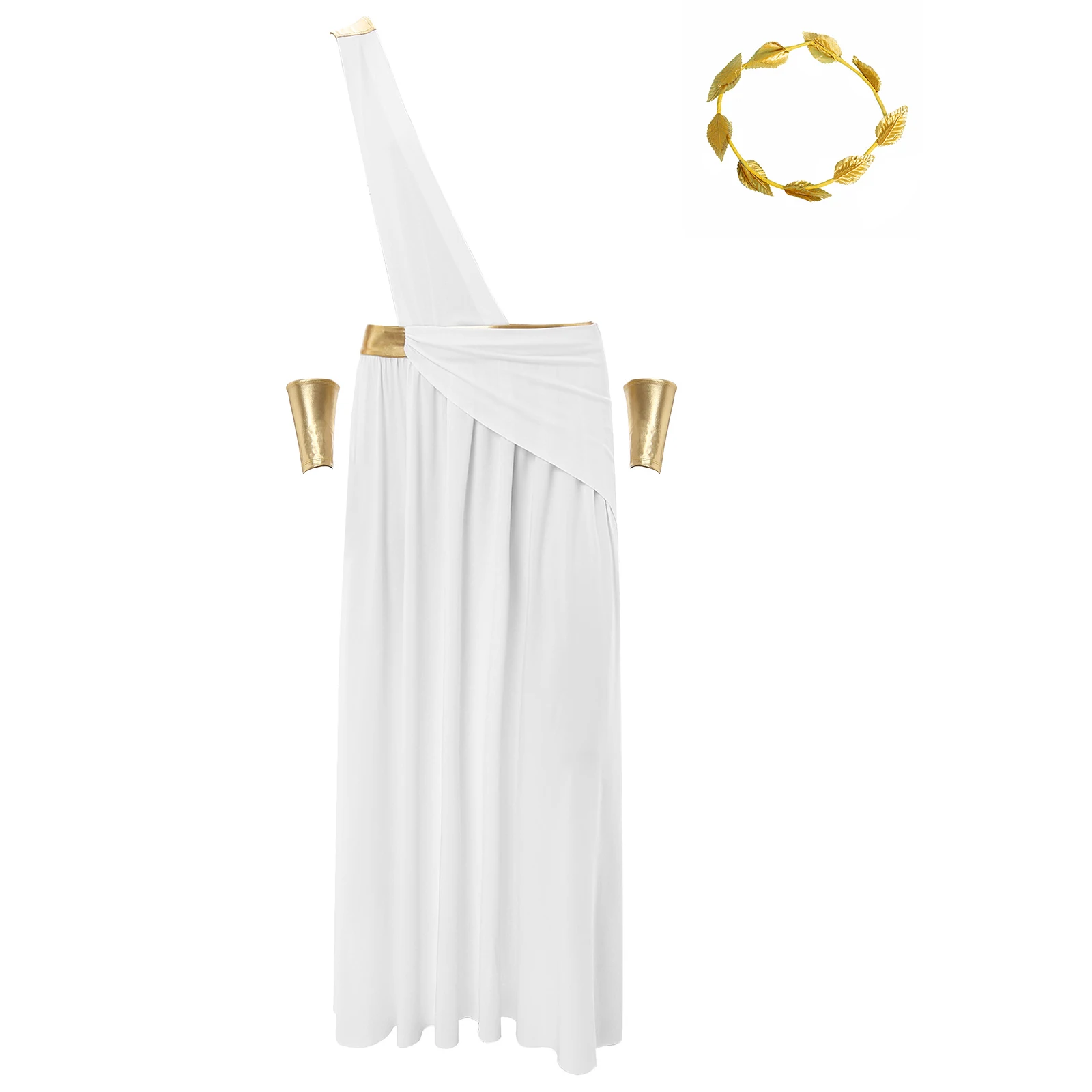 Mens Ancient Greek Costume Roman Emperor Cosplay Fancy Dress Outfits One Shoulder Toga with Wristband and Headwear for Halloween - view 5
