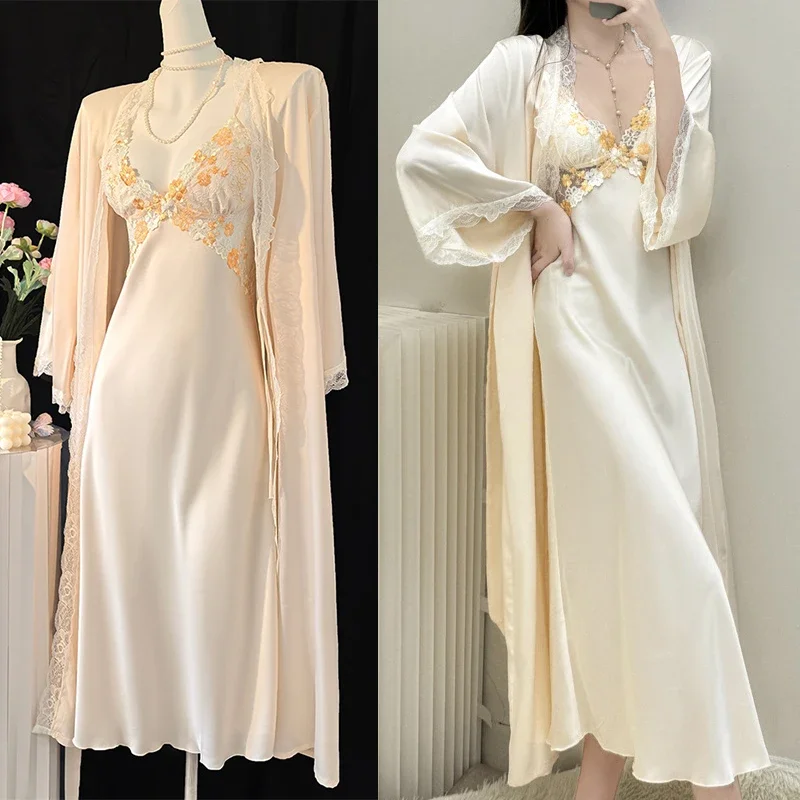 Luxury Vestidos De Novia Women Satin Sleepwear Nightgown Sexy Long Embroider Flower Robe Set Spaghetti Strap Intimate Lingerie