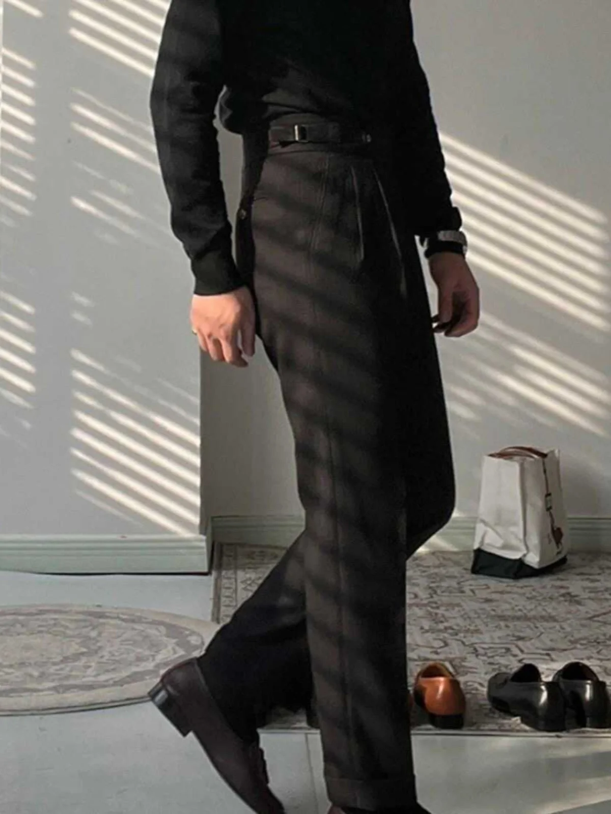 Italian Style High Waist Straight Leg Pants Draping Effect Illusion Tall Fashionable Long Trousers for Young Men Casual Wear