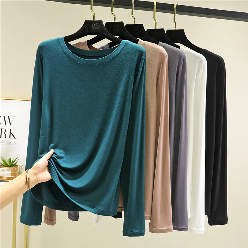 Modal Long Sleeve T-shirt Women\'s 2023 New Autumn/Winter Loose O-Neck Baisc Bottoming Shirt Korean Solid Thin All-Match Top