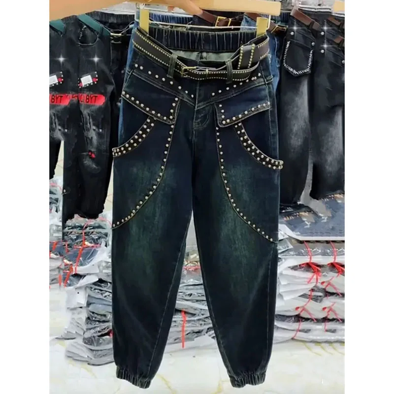 

2024 Spring Autumn New heavy industry rivet Jeans Women's Button Vintage Wash Old Studded Wide Leg Jeans Pantalones De Muje