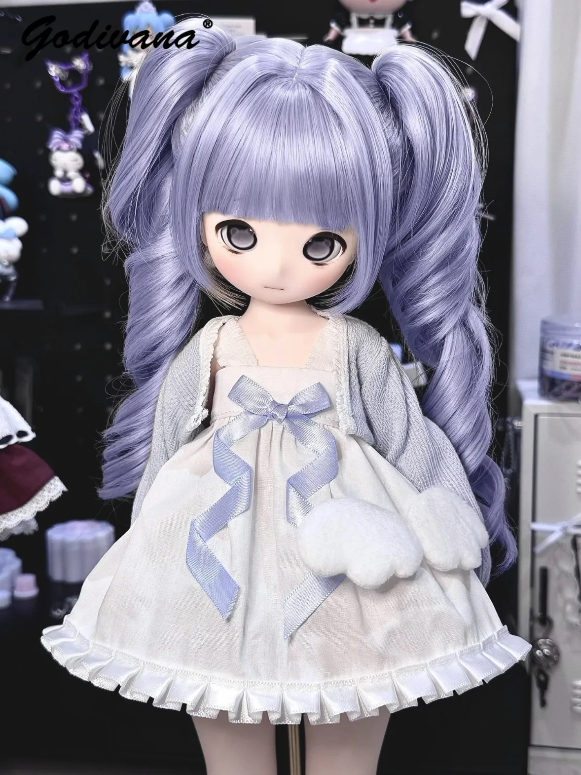 1/4 1/6 BJD Doll Clothes Sweet Cute Sleeveless Ruffle Trim Bow Ribbon Short Suspender Rabbit Skirt with Knit Cardigan 2pcs Set