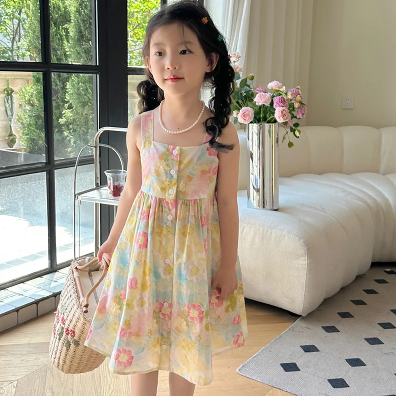 Summer Baby Girls Sleeveless Dress Casual Clothes Cotton Sweet Floral Print Dress For Toddler Infant Children 3 To 8 Years