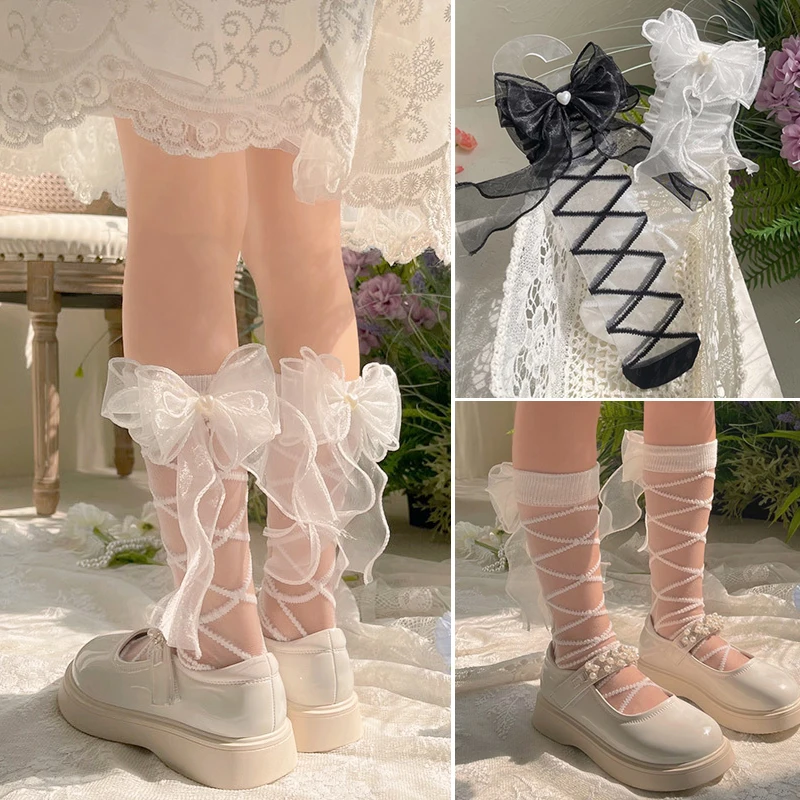 Sommer Kawai Kinder Mädchen Transparente Wadensocken Schwarz Weiß Gestreifte Schleife Band Socke für Kinder Spitze Niedliche Koreanische Schulsocke