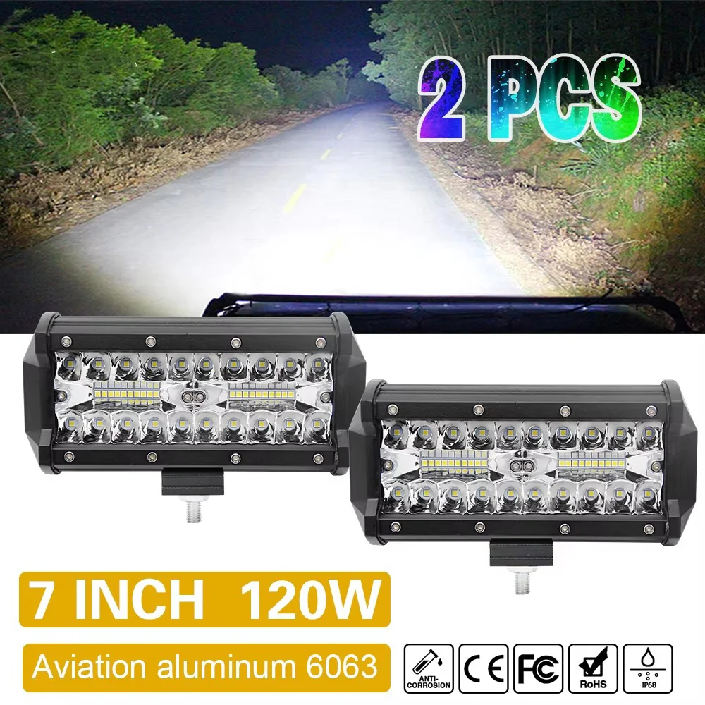 4/7 Inch 2PCS 120W LED Work Light Bar, Spot Flood Combo 12V 24V for Tractor Boat Off-Road Truck SUV ATV