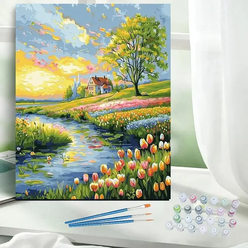 Dipingi con i numeri Paesaggio di fiume e alberi Immagini fai-da-te per i numeri Kit Disegno su tela Regalo dipinto a mano Decorazioni per la casa