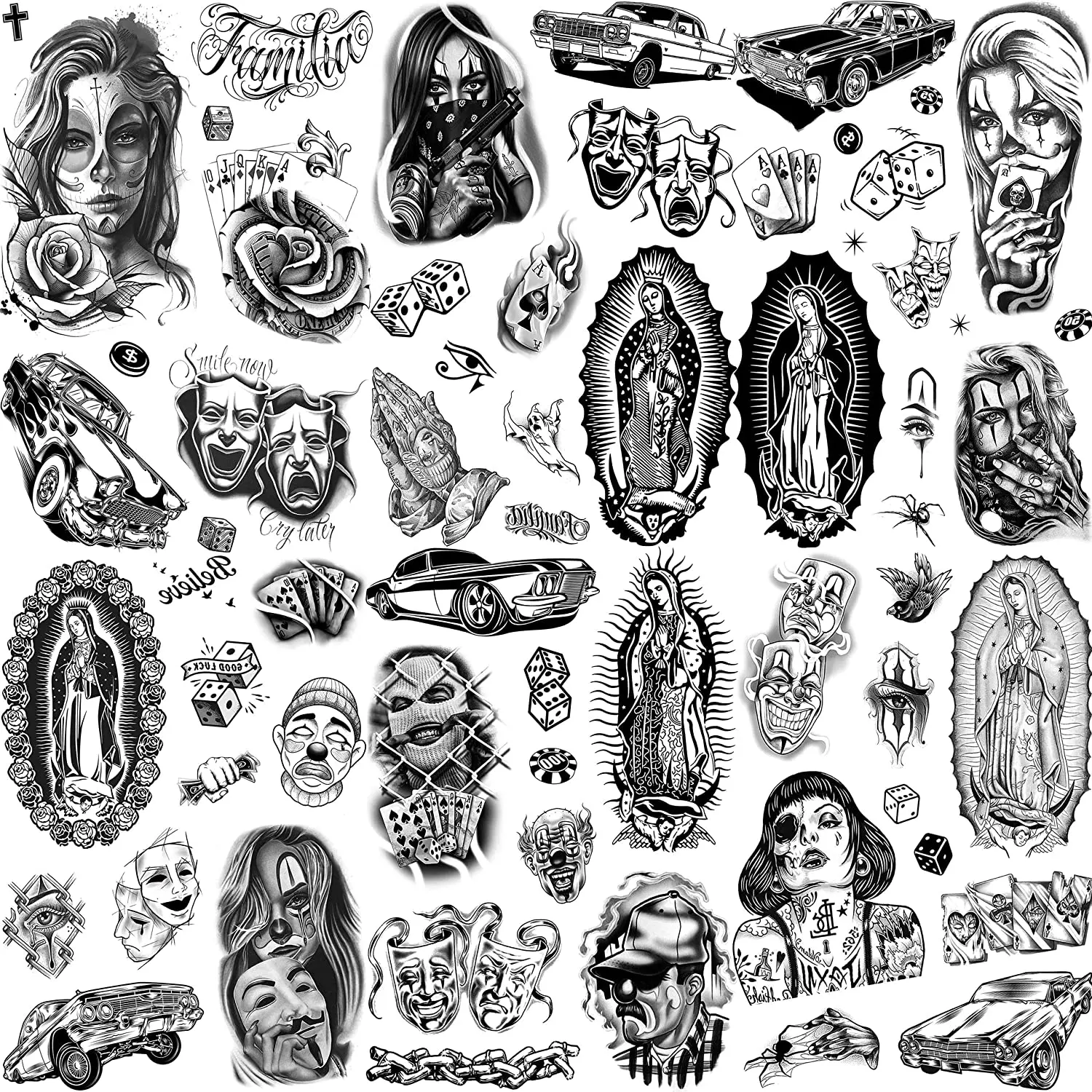 

6 Sheets Chicano Temporary Tattoos For Men Women Adult, Gangster Fake Tattoos Halloween Day of the Dead Mexico fake tattoo