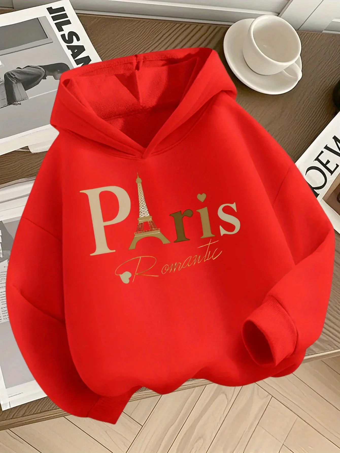 Girls' Paris Hooded Sweatshirt - Red French-Themed Sweater with Eiffel Tower & Lettering
