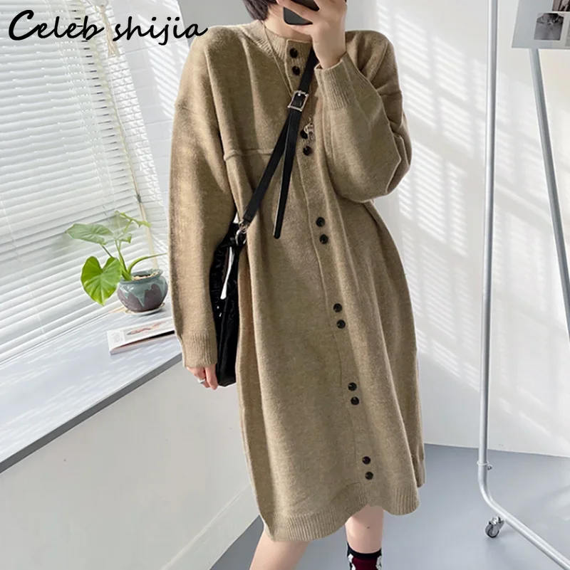 Khaki Oversized Knitted Dress Women Single-breasted Autumn Winter Long Sweater Dresses Female Korean Soft Knitwear Fall