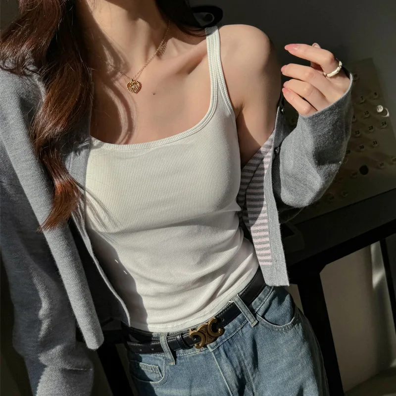 

Basic style with chest cushion, fixed cup, bottom strap, small vest, women's inner layer, summer slim fit and slimming thread