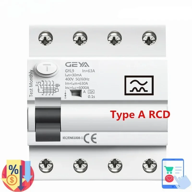 GEYA GYL9 Type A RCD Residual Current Circuit Breaker ELCB 4Pole 40A 63A  RCD ELCB Detect Pulsating DC Residual Current