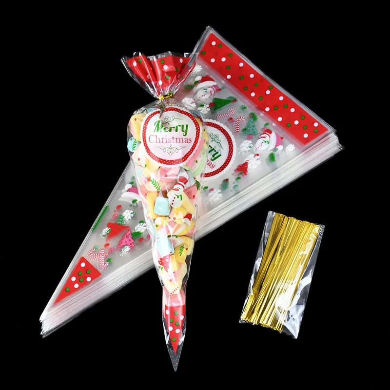 100 قطعة عيد الميلاد حزمة شفافة السيلوفان المخروط أكياس الحلوى الفشار الحلو حقيبة عيد ميلاد سعيد ديكور الحفلات 2025 السنة الجديدة نافيداد