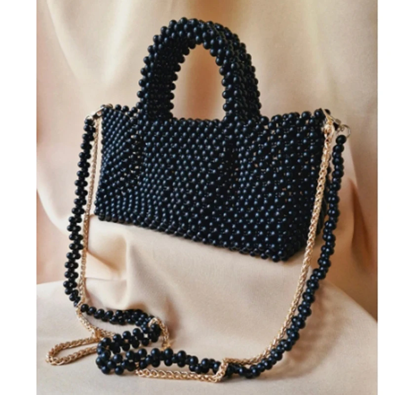 Double Chain Shoulder Strap Small Square Bag Fashion Bead Handmade Design Crossbody Women's Bags Customizable Color Handbag