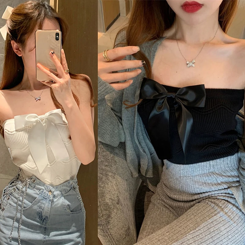 

Summer Sexy Bow Strapless Camisole Women Solid Color Knitted Sleeveless Korean Style Lady Slim Crop Tank Tops