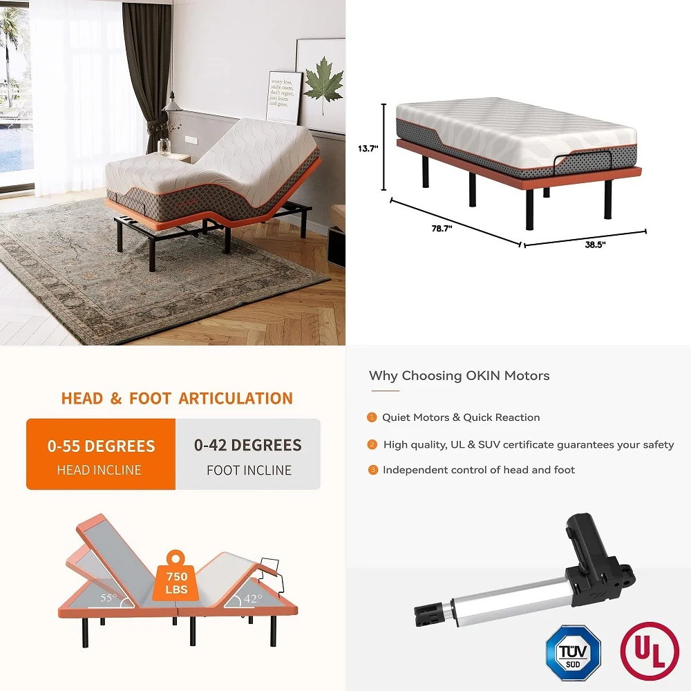 

Adjustable Bed Frame 14 Hybrid Mattress Twin XL Luxury Gel Memory Foam319 Pocket Springs with Massage, Wireless Remote, USB, Un