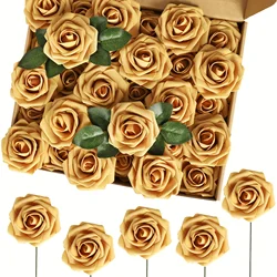 Artificial Flowers 25pcs Real Looking Golden Foam Fake Roses with Stems for DIY Wedding Bouquets Bridal Shower Centerpieces Part