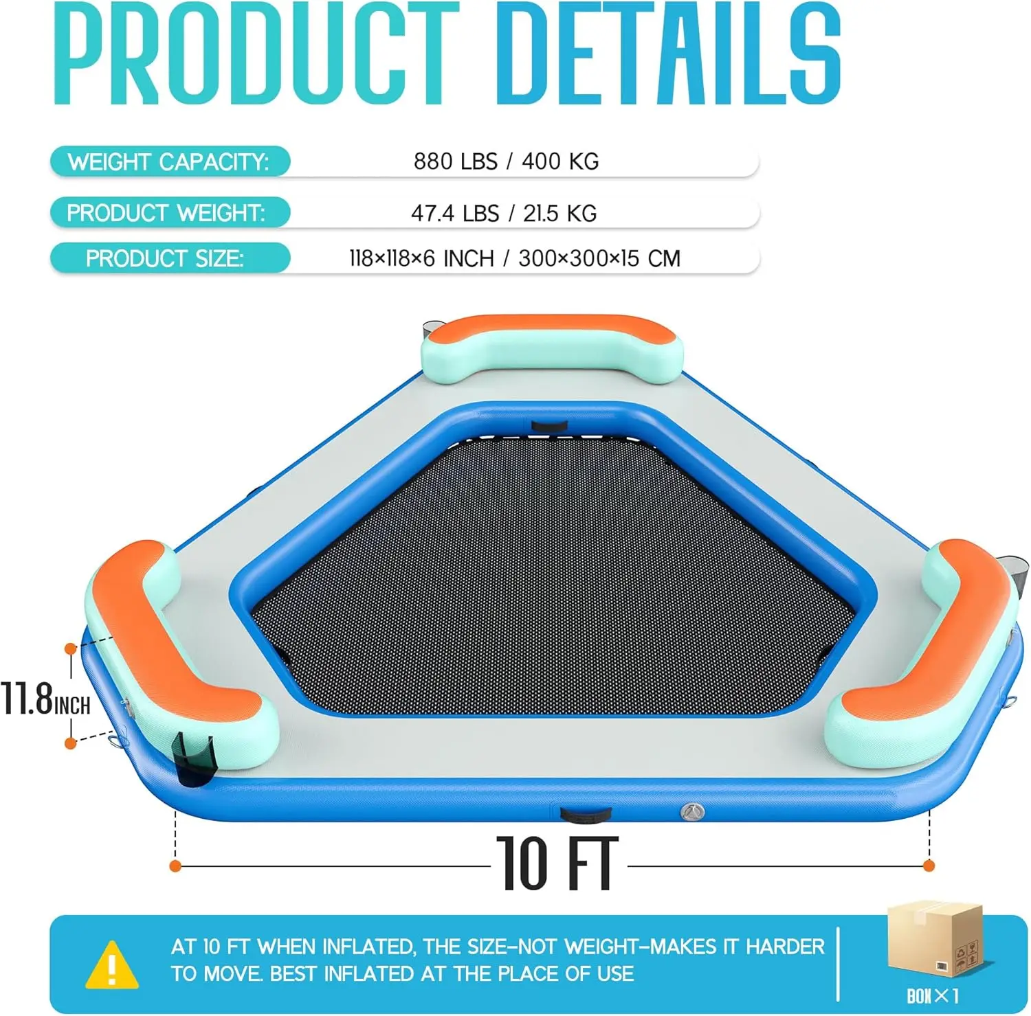 Inflatable Triangle Water Hammock 10FT with Mesh for Adults, Floating Dock Pool Raft with Mesh Pocket and Support Pillows, for Lake Beach Party Tanning