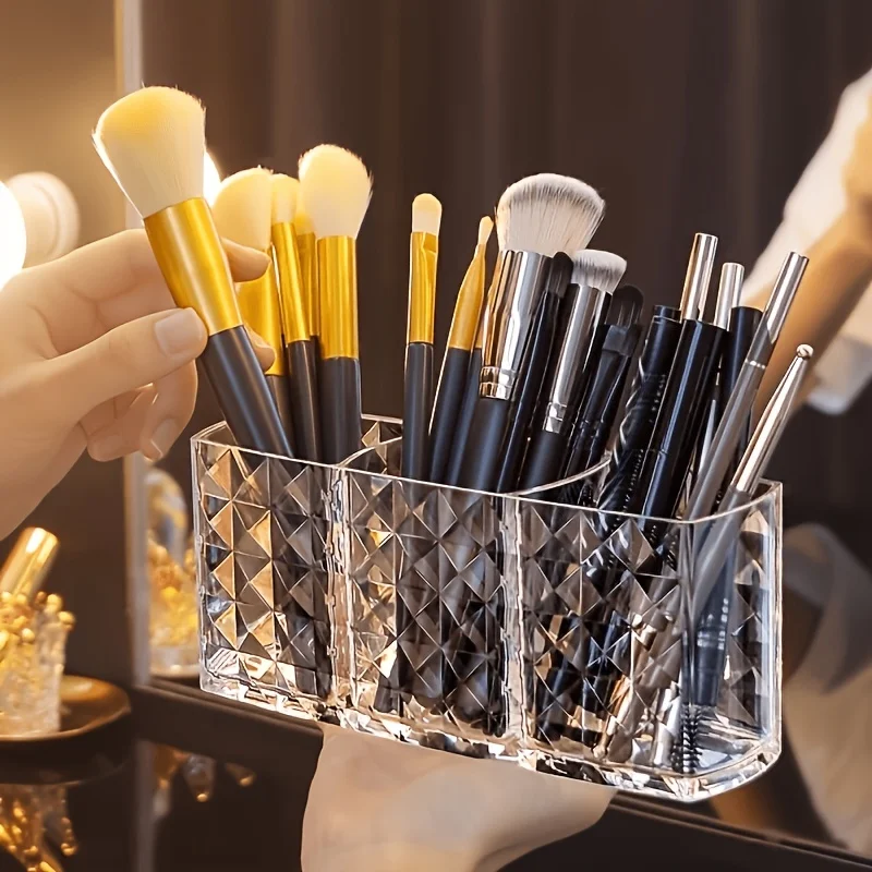 3-Piece High-Value Beauty Storage Set, Diamond Three-Compartment Transparent Makeup Brush Holder + 2 Cloud-Shaped Storage Trays, Multifunctional Cosmetic Storage Box, Waterproof Bathroom Accessories, Suitable for Organizing Lipstick, Makeup Brushes, Perfume, Jewelry, and Skincare Products on Vanity Tops, in Bedrooms, and Bathrooms view 4